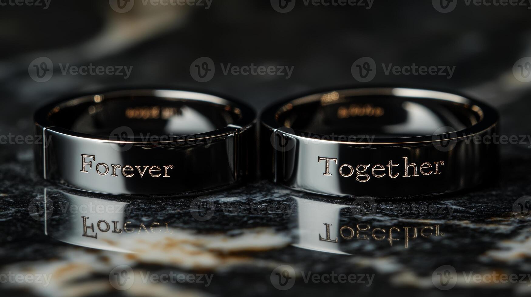 Elegant wedding rings inscribed with Forever and Together resting on a marble surface photo