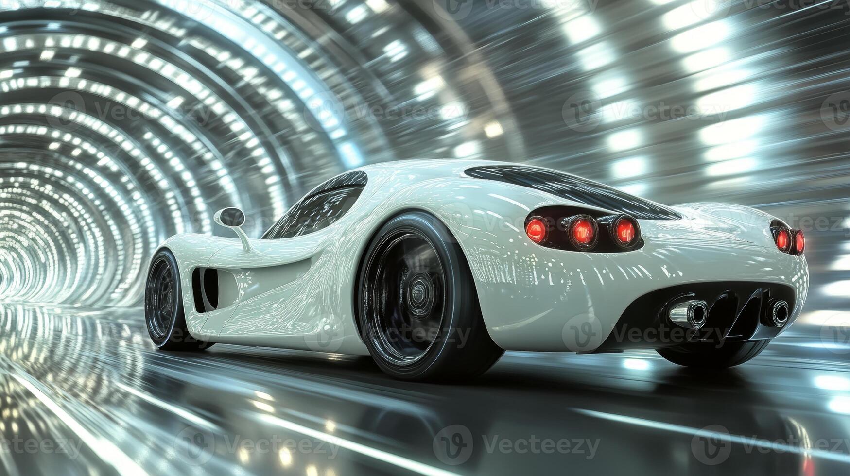 Sleek sports car speeding through a futuristic tunnel illuminated by bright lights at dusk photo