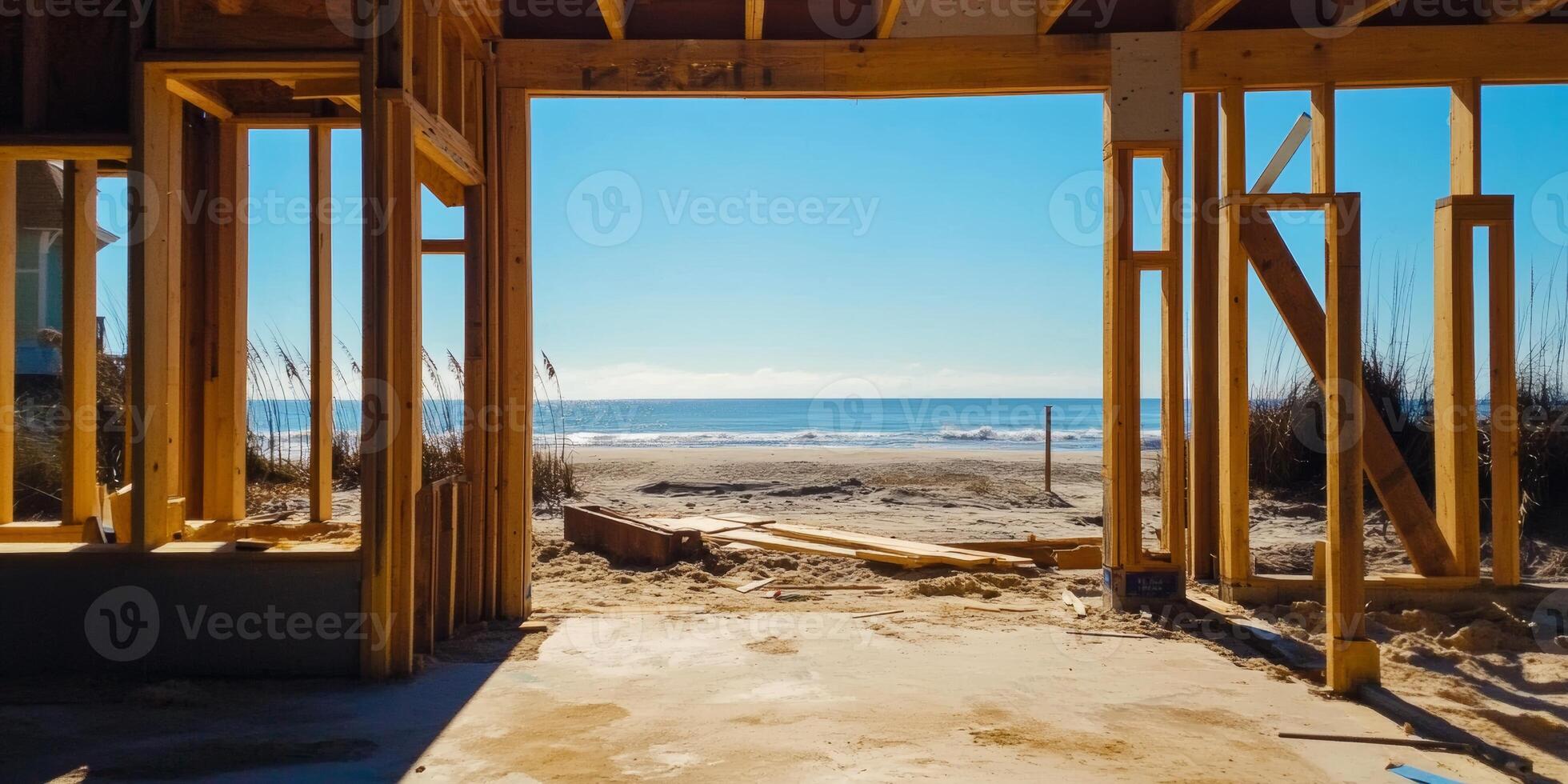 Construction progress of beach house with ocean view in bright sunlight on a clear day photo