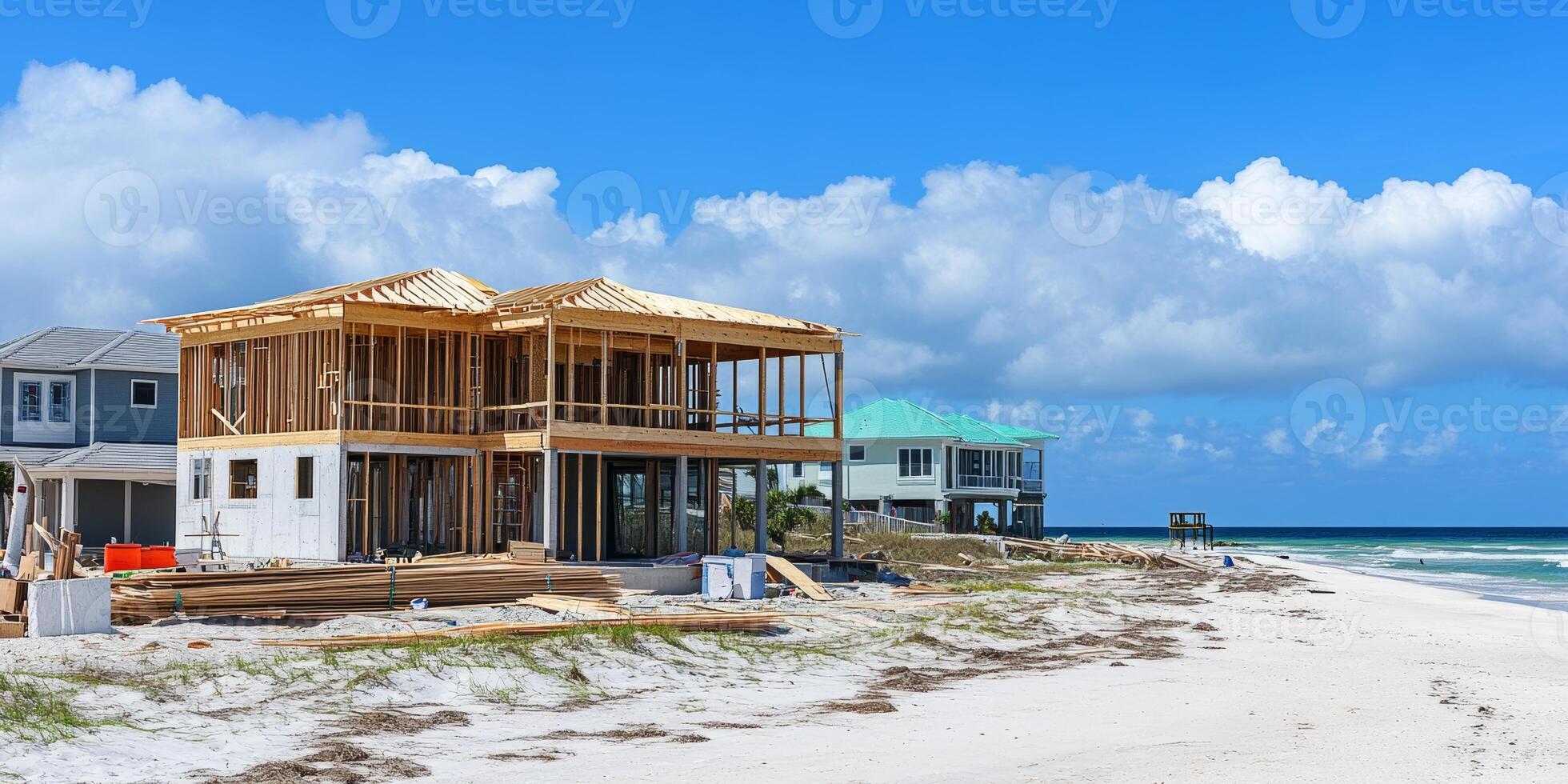 Construction of a beach house during bright sunny weather on a coastal shore photo