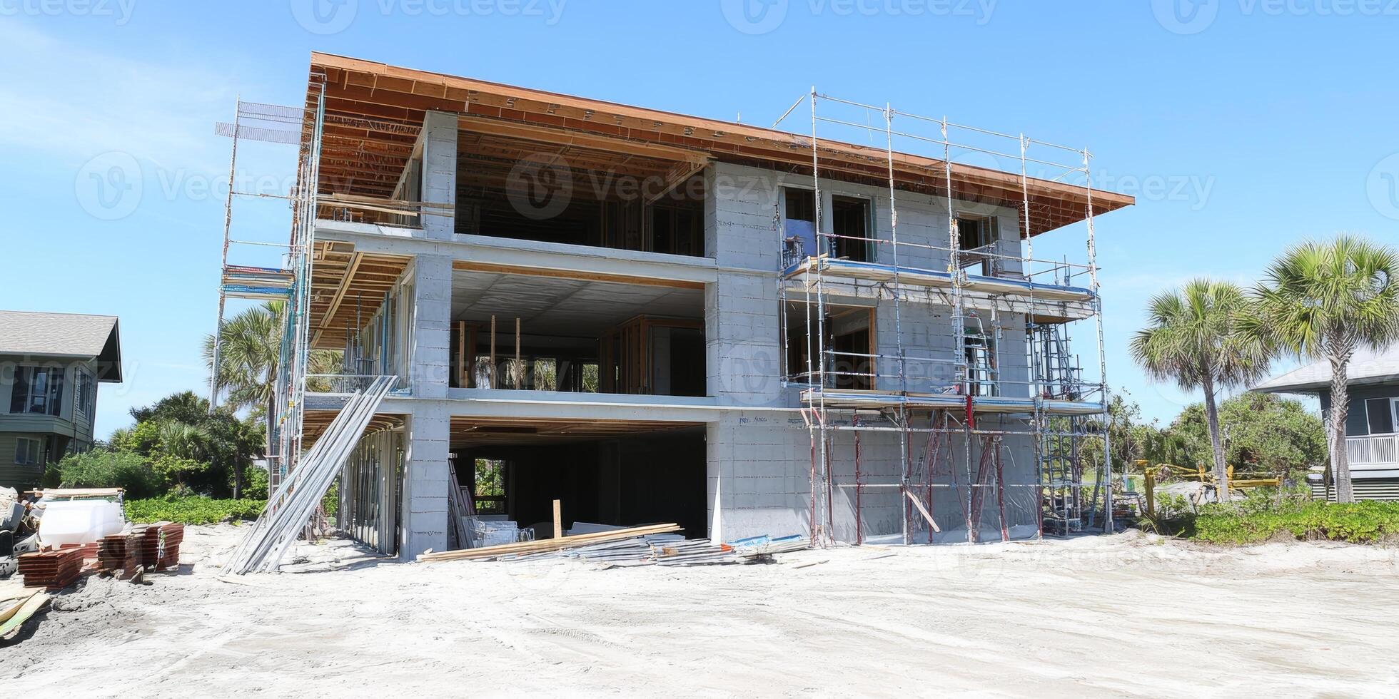 Modern building construction in sunny coastal location with scaffolding and palm trees surrounding site photo