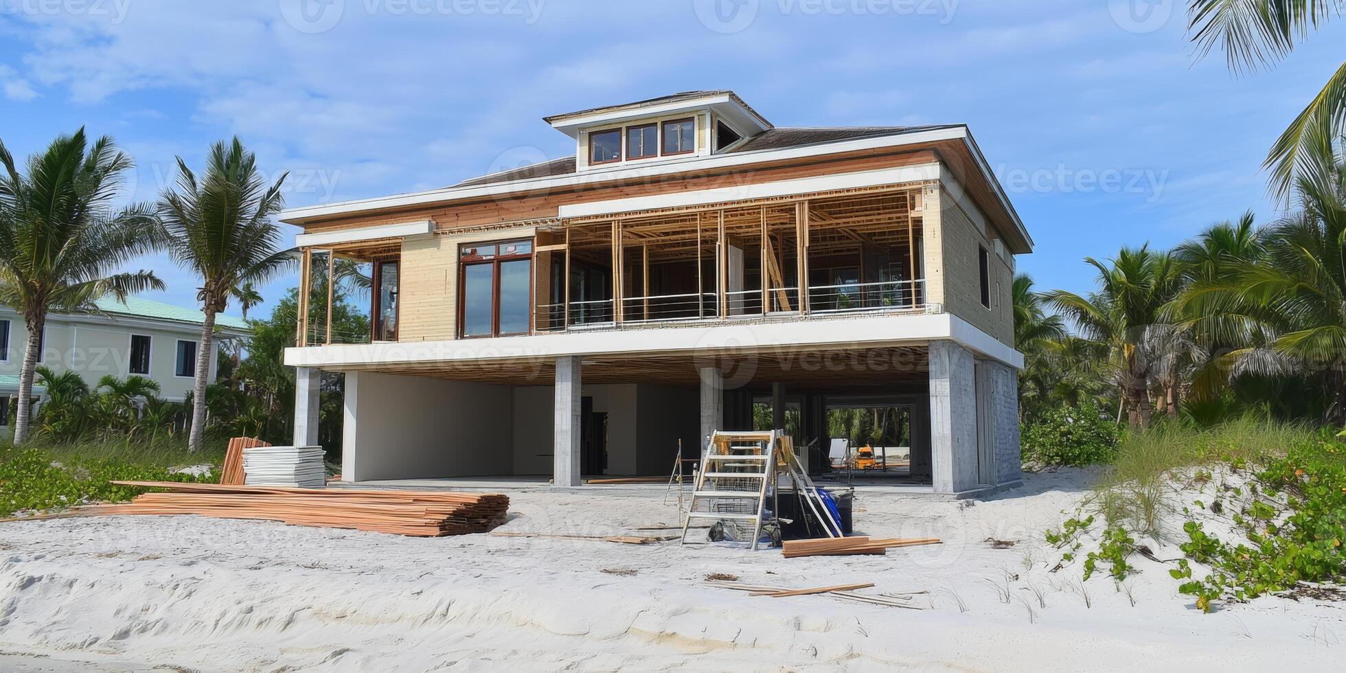 Construction of a beach house near the shoreline during sunny weather with palm trees in the background photo
