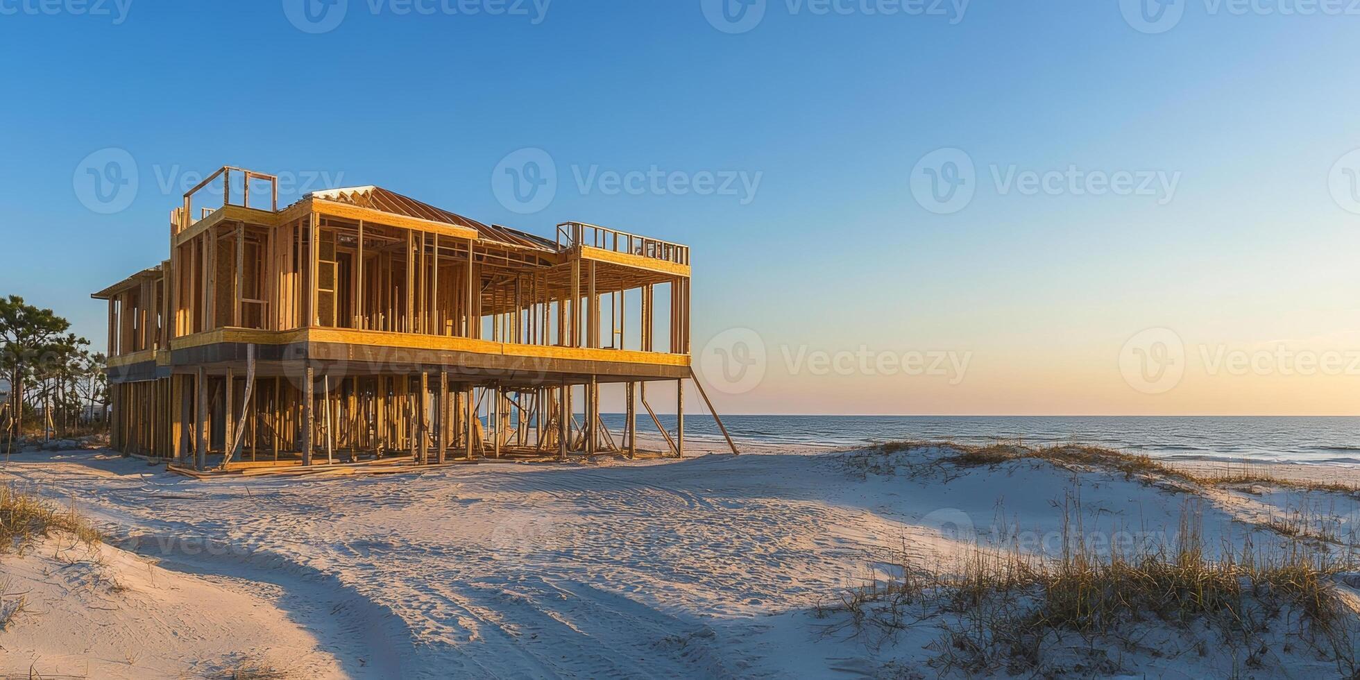 Construction of oceanfront beach house at sunset with clear skies and calm waters photo