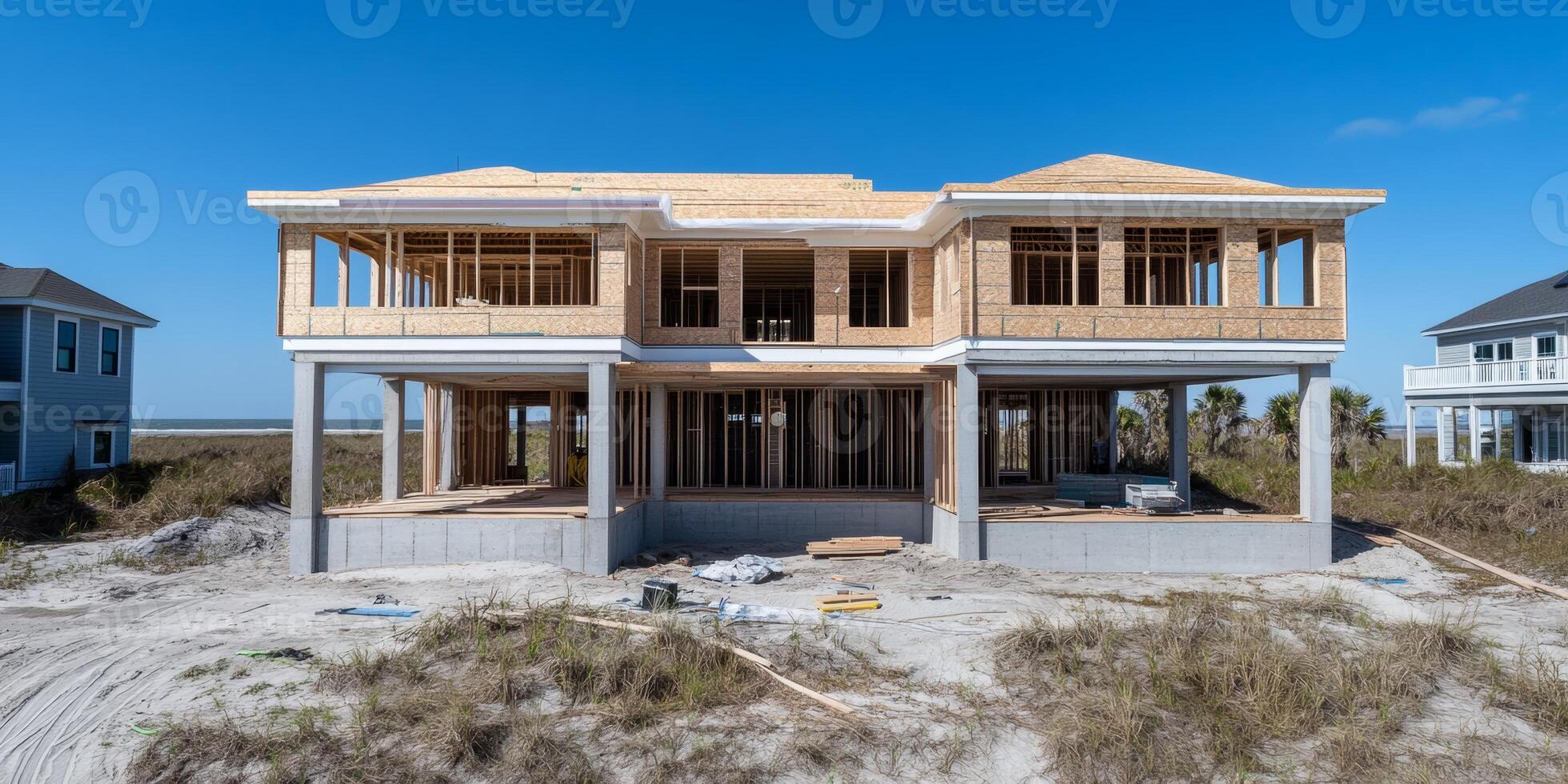 Construction of a modern beachfront house in a coastal area during clear weather photo