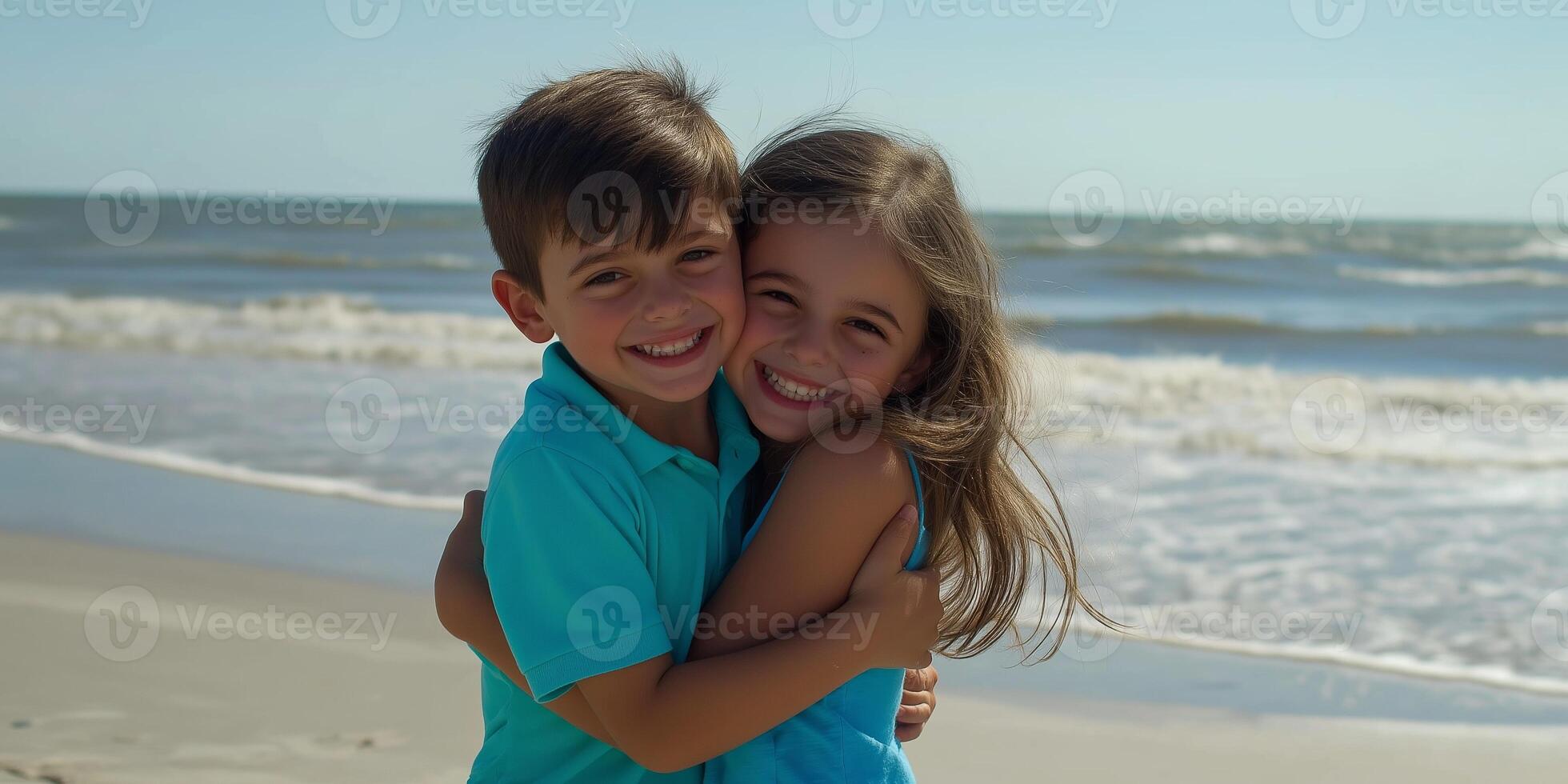 Children enjoy a joyful moment while hugging on the beach under bright sunlight photo