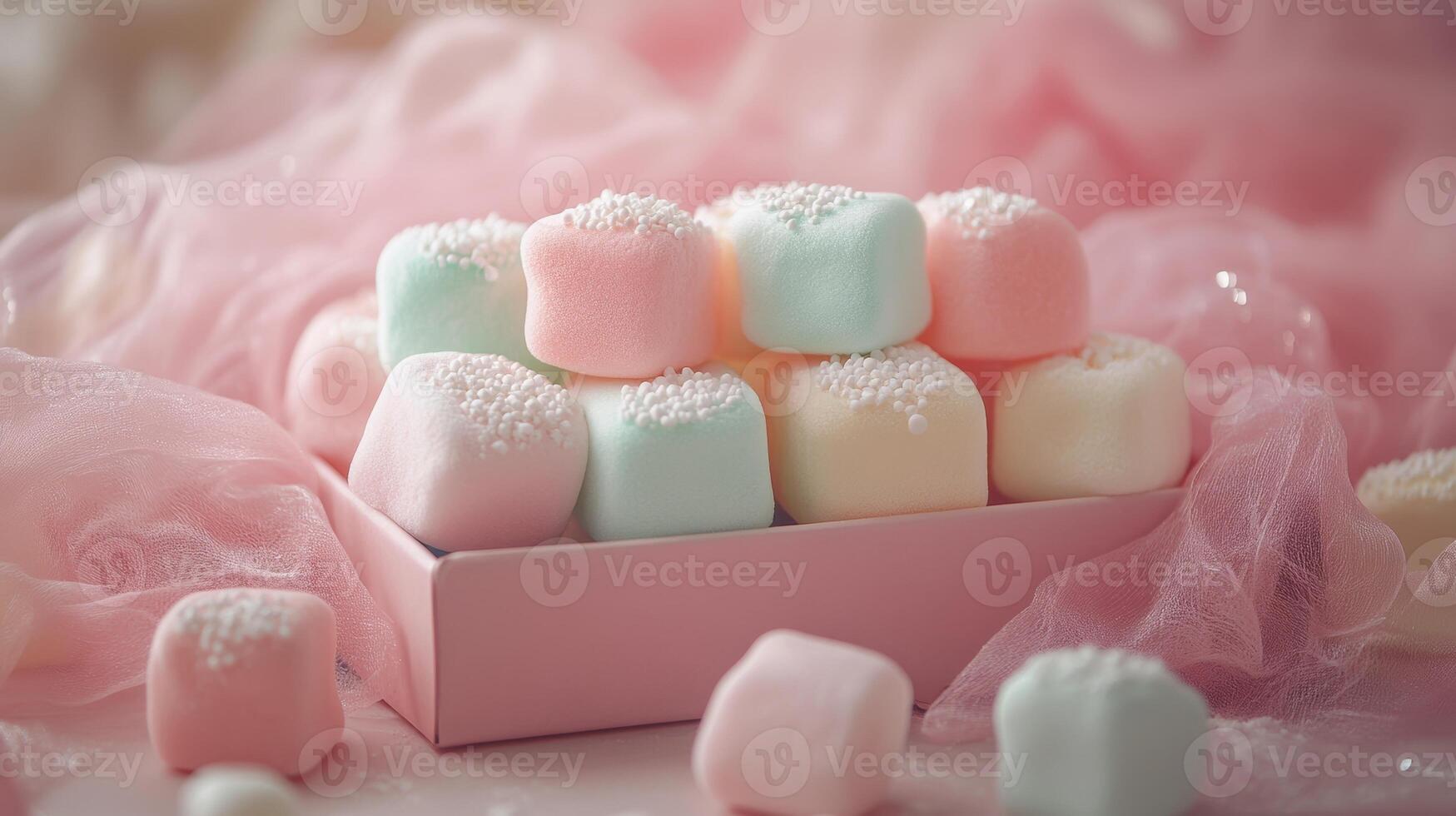 Colorful pastel marshmallows arranged elegantly in a pink box on soft fabric photo