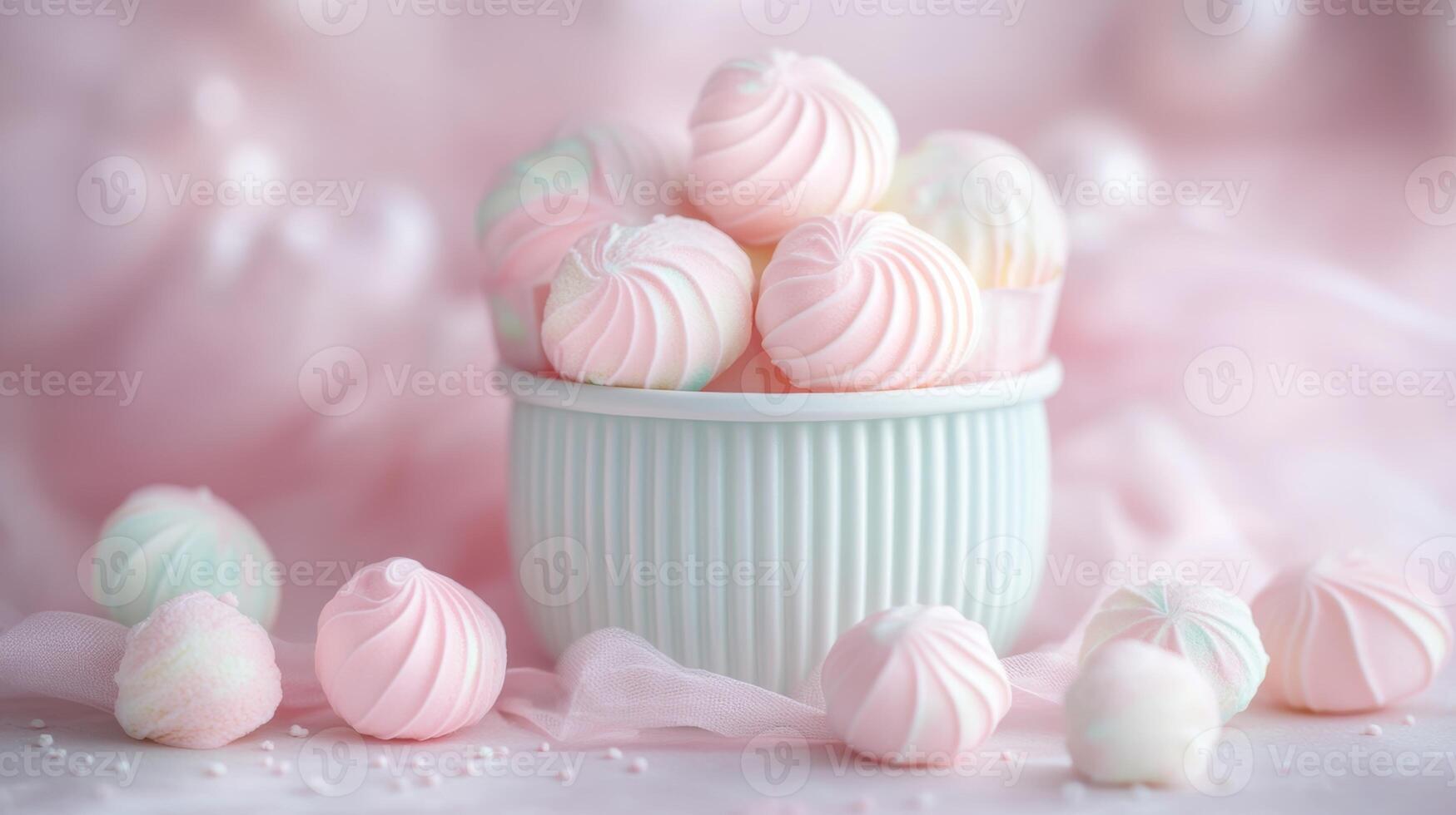 Colorful meringue cookies arranged artfully in a delicate bowl with a soft pink background photo