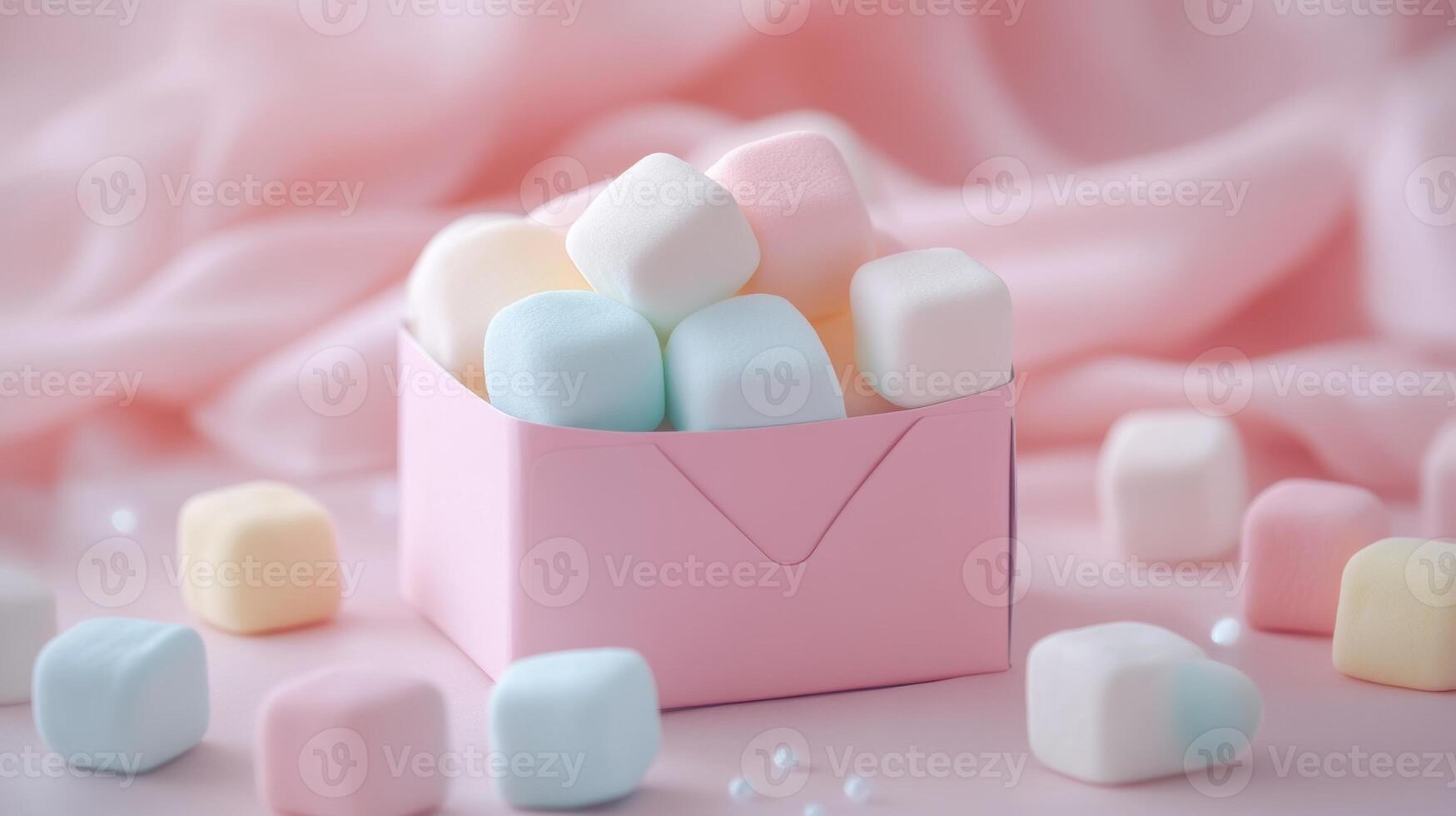Colorful marshmallows in a pink box create a playful dessert display on a soft background photo