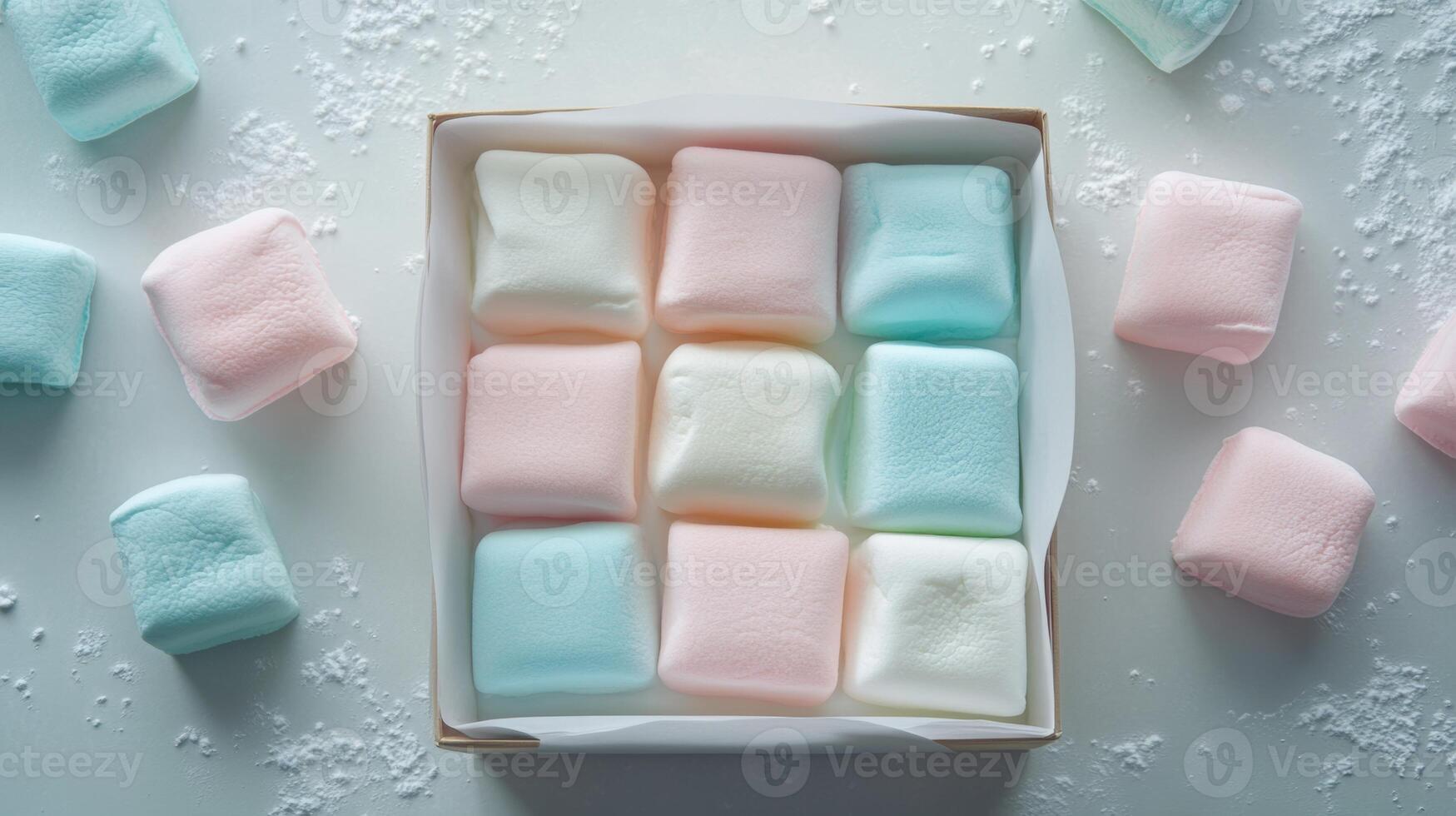 Colorful marshmallows arranged in a box on a light surface with sugar powder photo