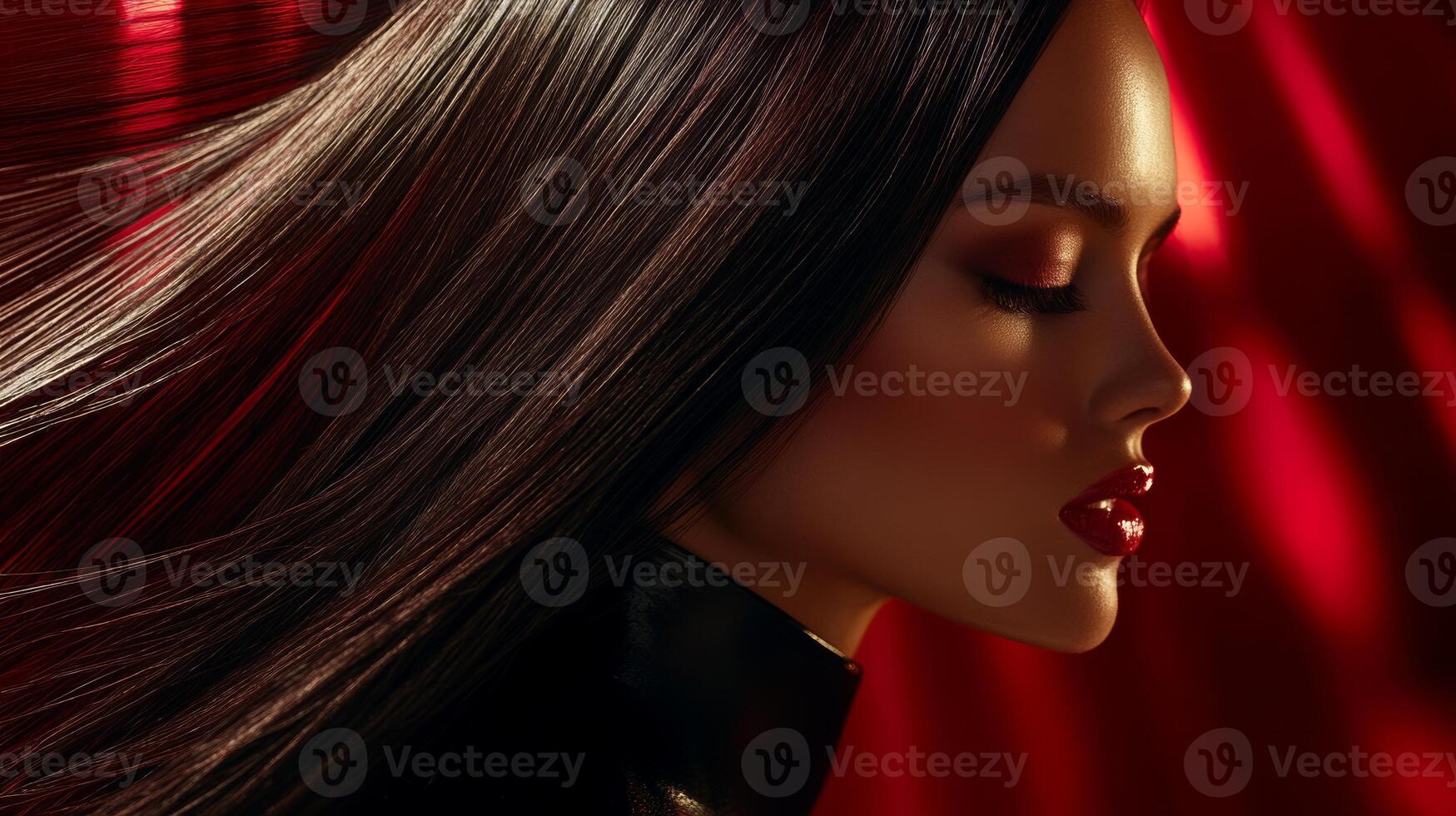Elegant profile of a woman with sleek hair and dramatic makeup against a rich red backdrop photo