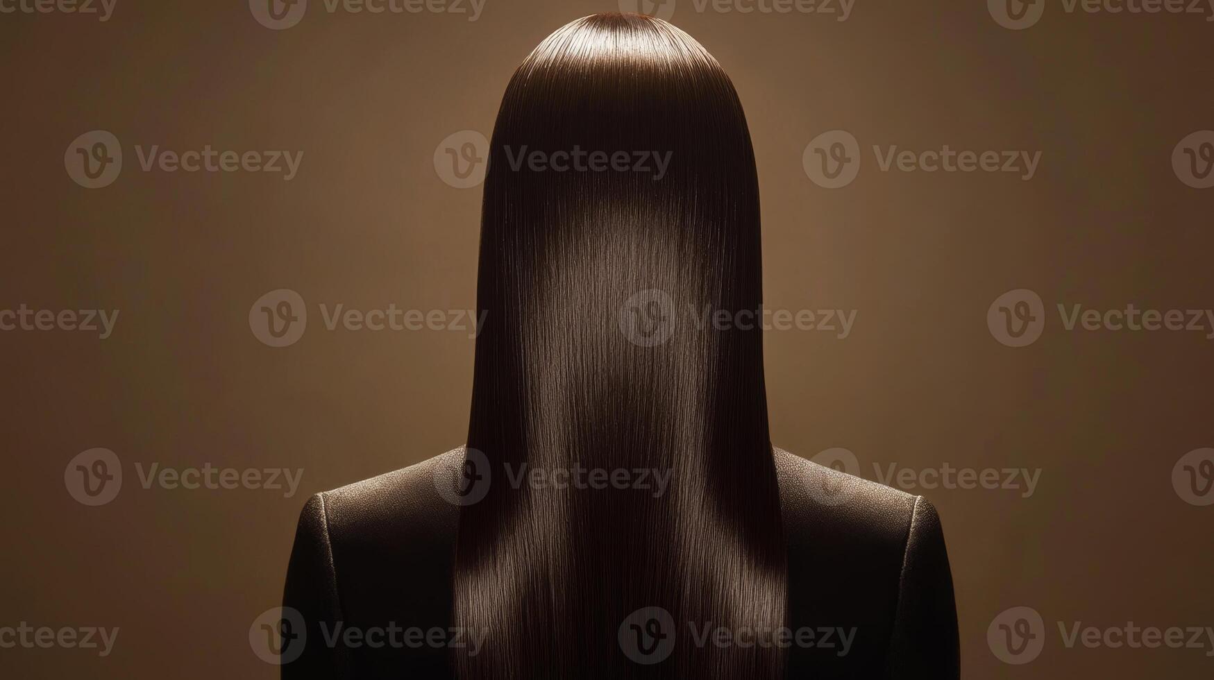 Long, glossy hair of a person styled elegantly against a warm, neutral background in a softly lit environment photo