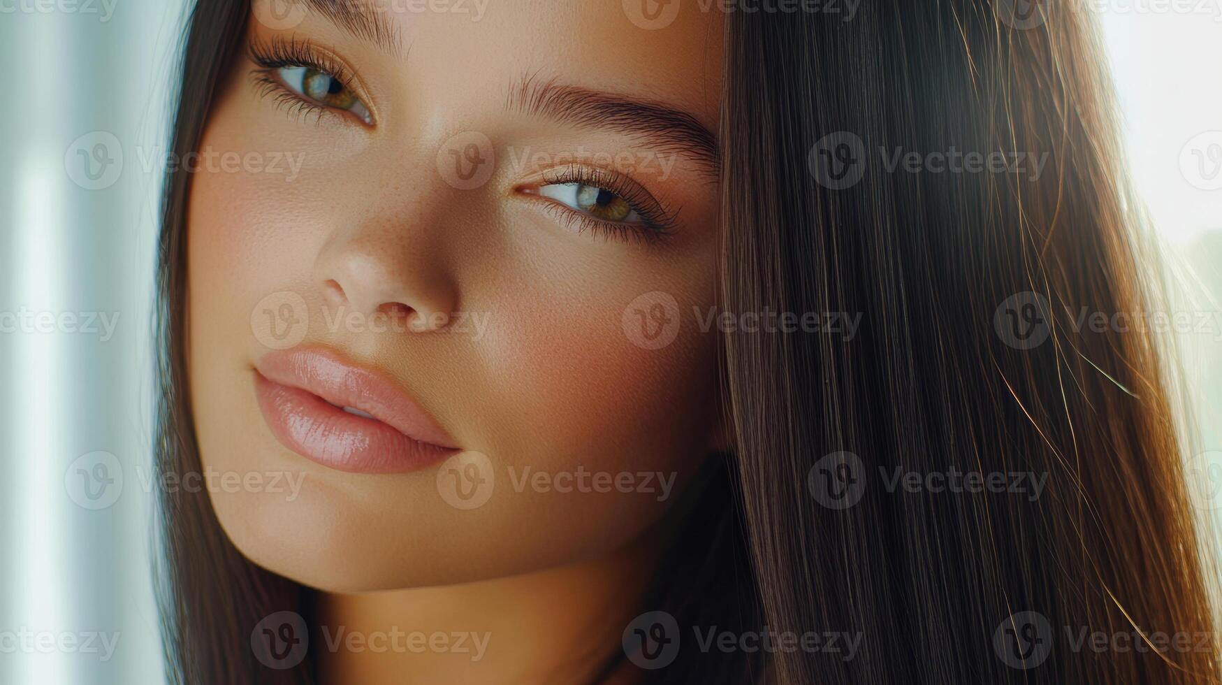 Woman with long dark hair and striking features gazes softly with bright eyes in a serene indoor setting photo