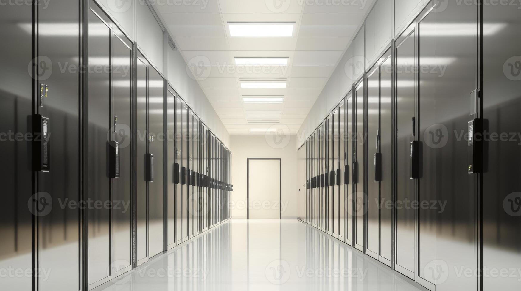 Modern storage facility hallway with sleek metal lockers and bright lighting during the day photo