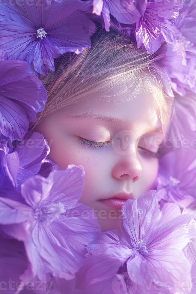 Young girl peacefully resting among vibrant purple flowers in a serene setting photo