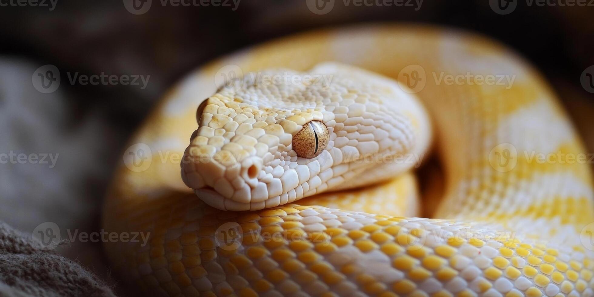 Beautiful yellow python resting peacefully on a soft surface in a cozy indoor environment photo