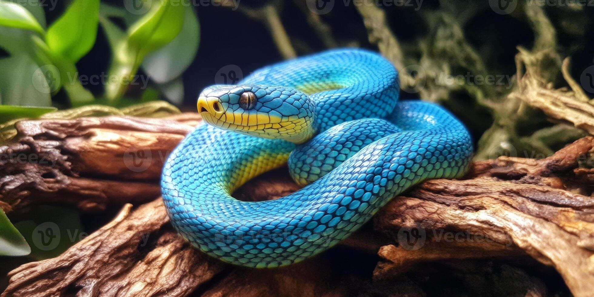 Vivid blue snake resting on wooden branches in a lush habitat photo