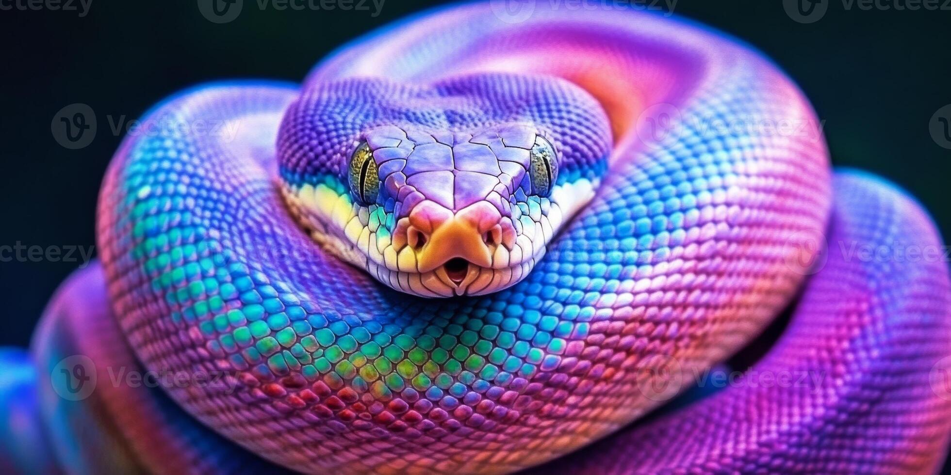 Colorful snake displays vibrant patterns while coiled on a dark background in a natural environment during daylight photo