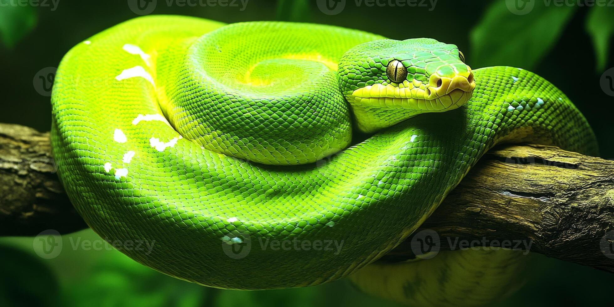 Green python resting on a branch in a lush tropical habitat under soft lighting photo