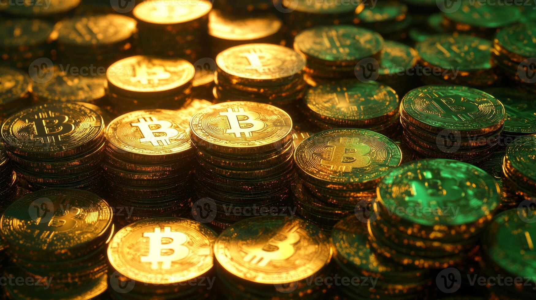 Stacks of shiny bitcoin coins glimmering under warm light in an abstract arrangement showcasing cryptocurrency wealth photo