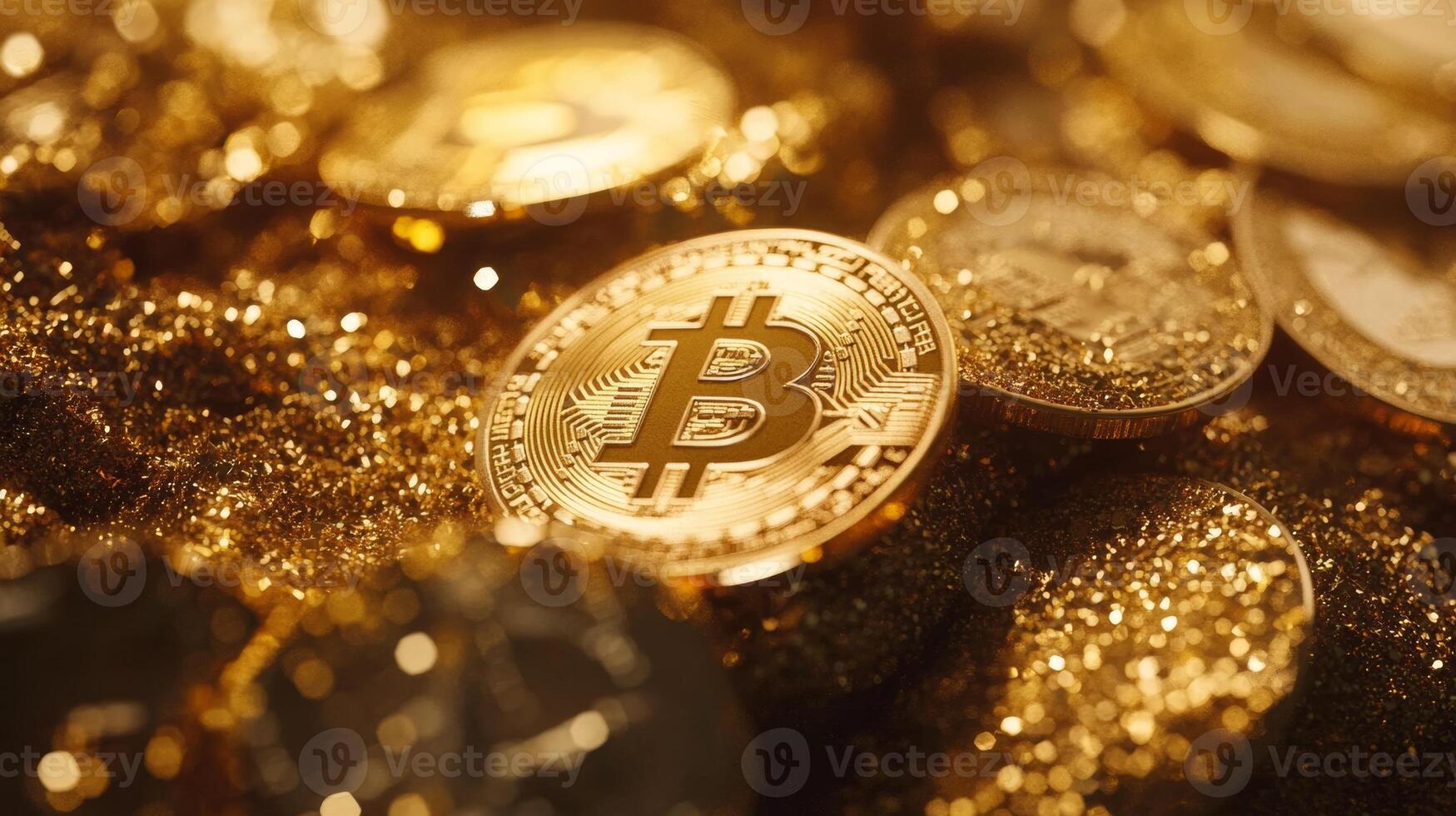 Gold and Bitcoin coins shine together on a glittery surface in a close-up view, symbolizing digital wealth and investment opportunities photo