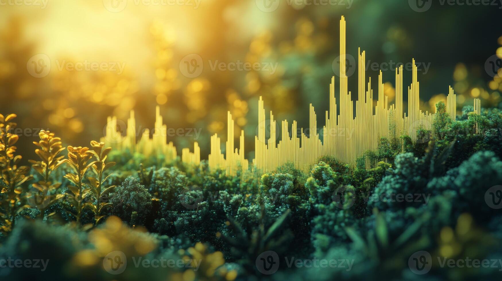 Nature-inspired digital landscape with vibrant colors and towering structures at sunset photo