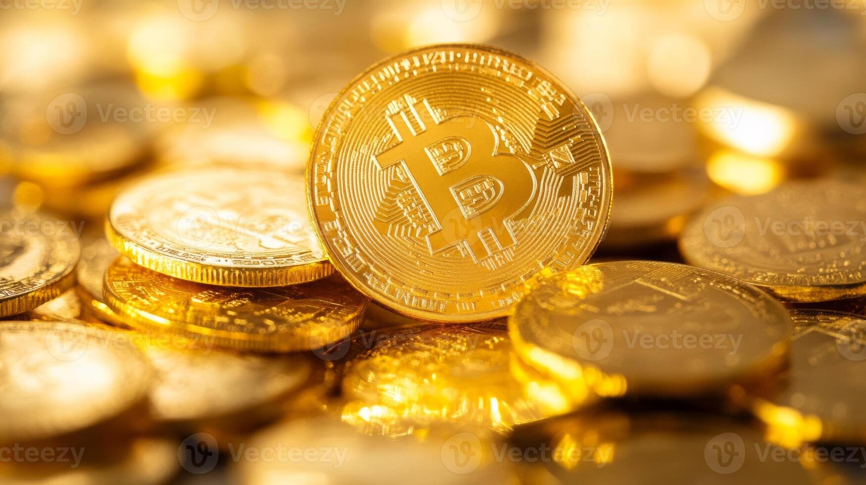 Exploration of cryptocurrency trends through golden bitcoin coins on a vibrant background photo