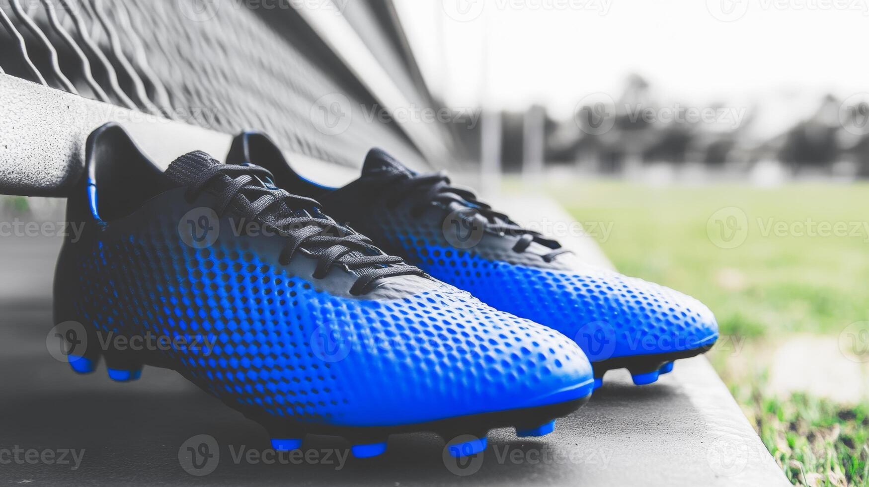 Stylish blue soccer cleats placed on a bench at a sports field during cloudy afternoon photo