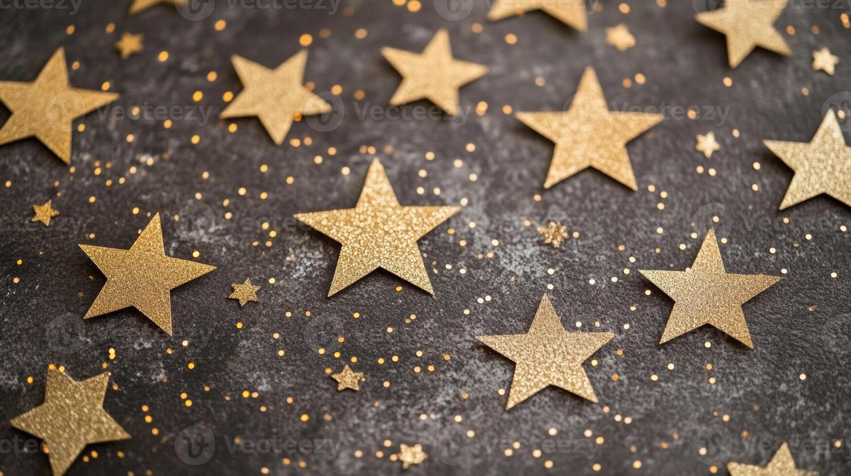 Golden stars scattered on a dark surface create a festive and magical atmosphere for celebrations or events photo
