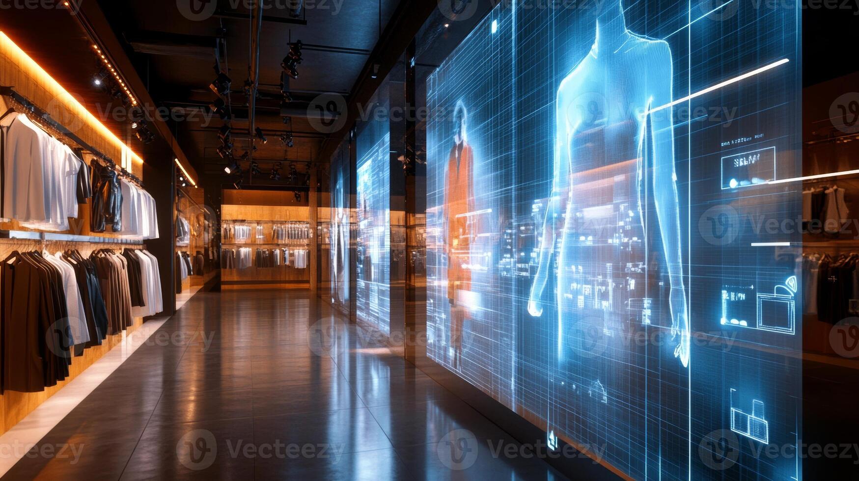 Modern retail space showcases interactive holograms of clothing and innovative display technology photo