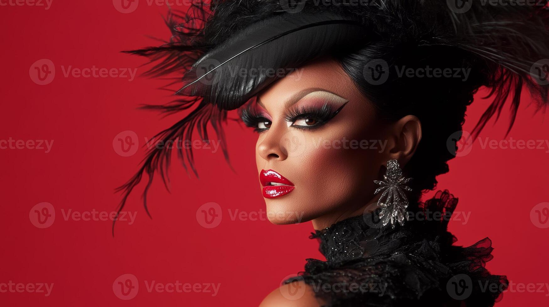 Beautiful portrait of a drag queen with dramatic makeup and elegant attire against a bold red background photo