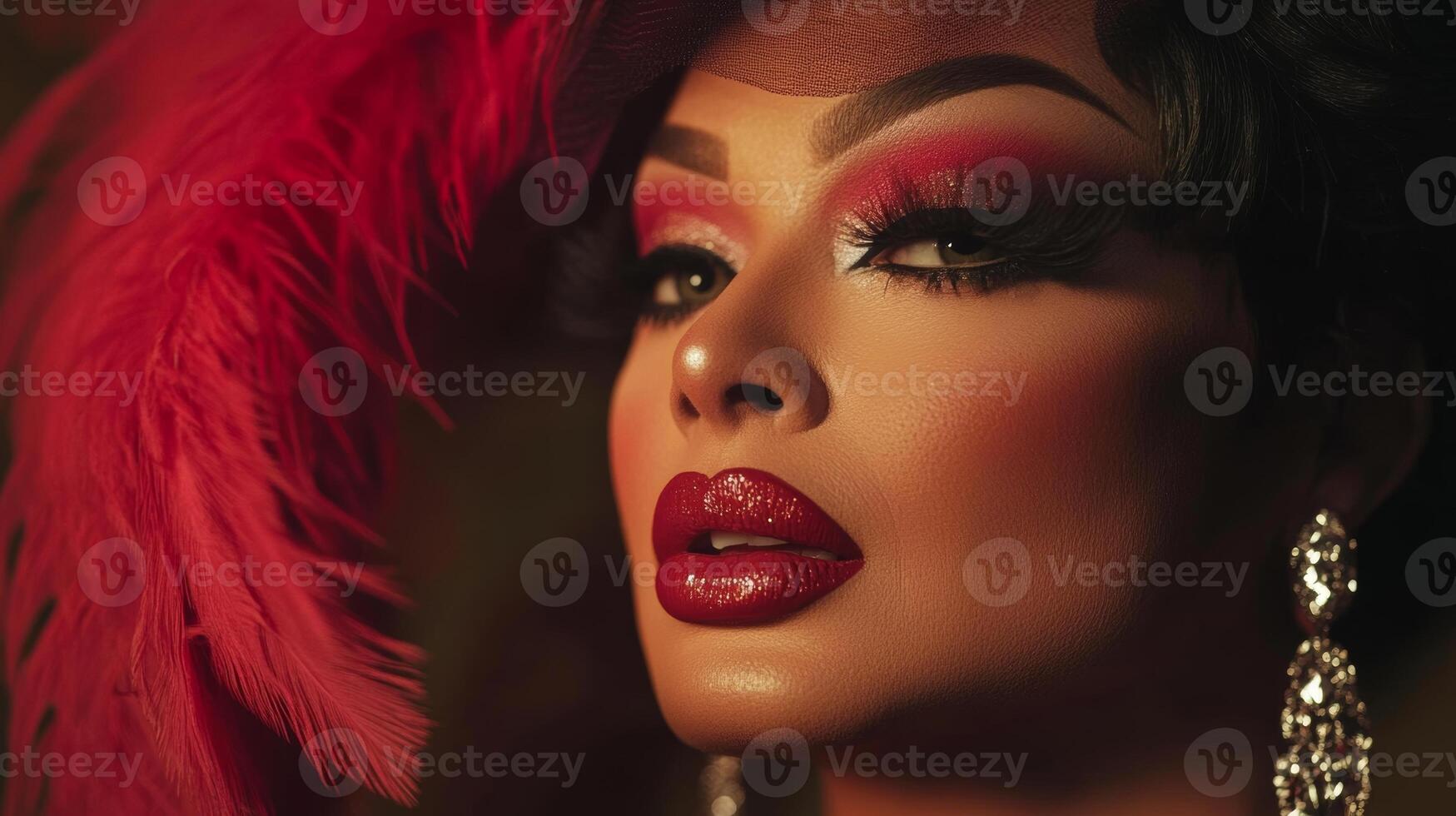 Stunning performer with glamorous makeup and feathered headpiece poses elegantly in a theatrical setting photo