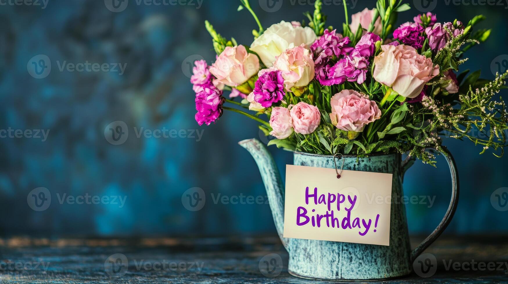 Brightly colored flowers in a vintage watering can with a birthday greeting card displayed on a rustic wooden table photo