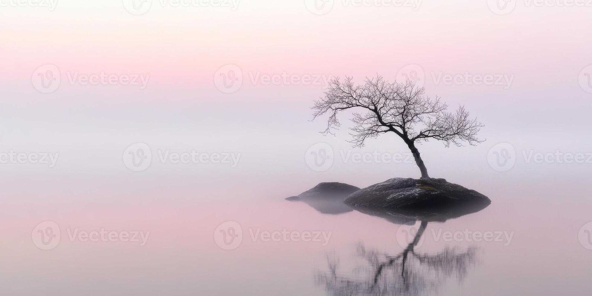Misty morning tranquility with a lone tree on a rock in calm water at dawn photo