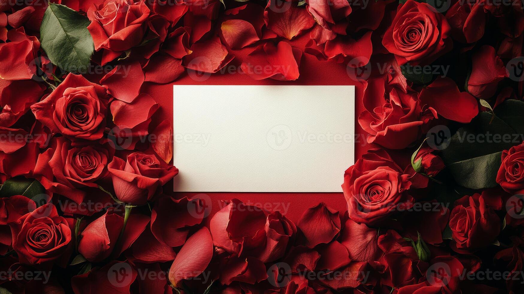 Romantic arrangement of red roses surrounding a blank card on a vibrant red background for special occasions photo