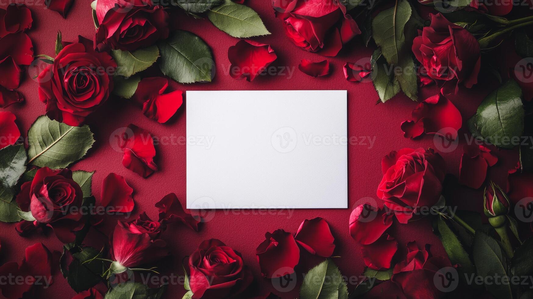 Elegant arrangement of red roses and blank card for heartfelt messages on a romantic occasion photo