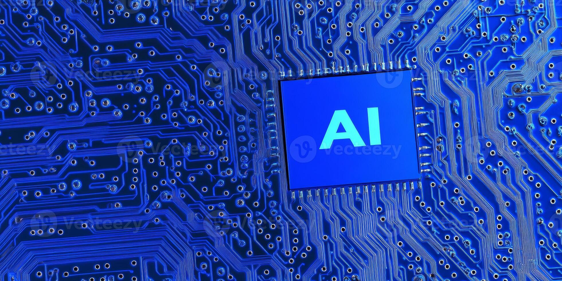 Detailed close-up of a circuit board featuring AI chip on a vibrant blue background photo