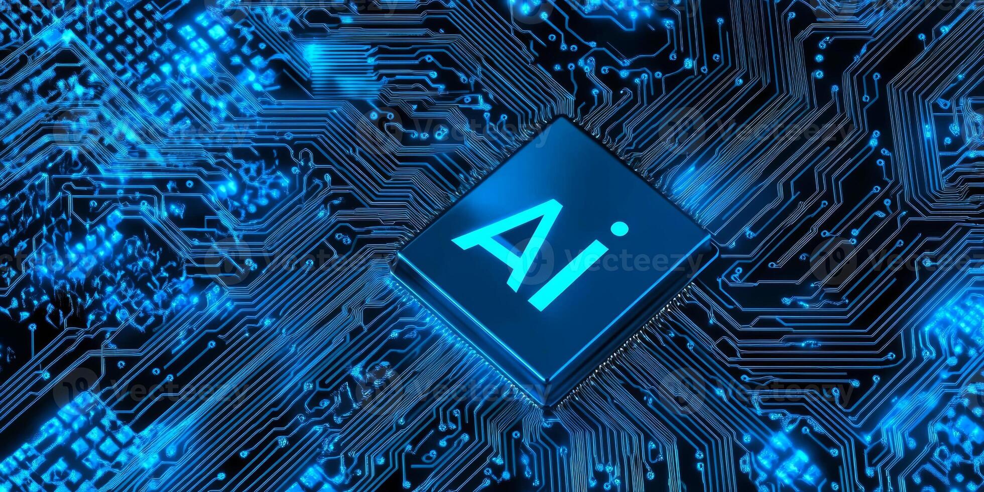 Close-up view of a microchip highlighting artificial intelligence technology in a futuristic digital circuit environment photo