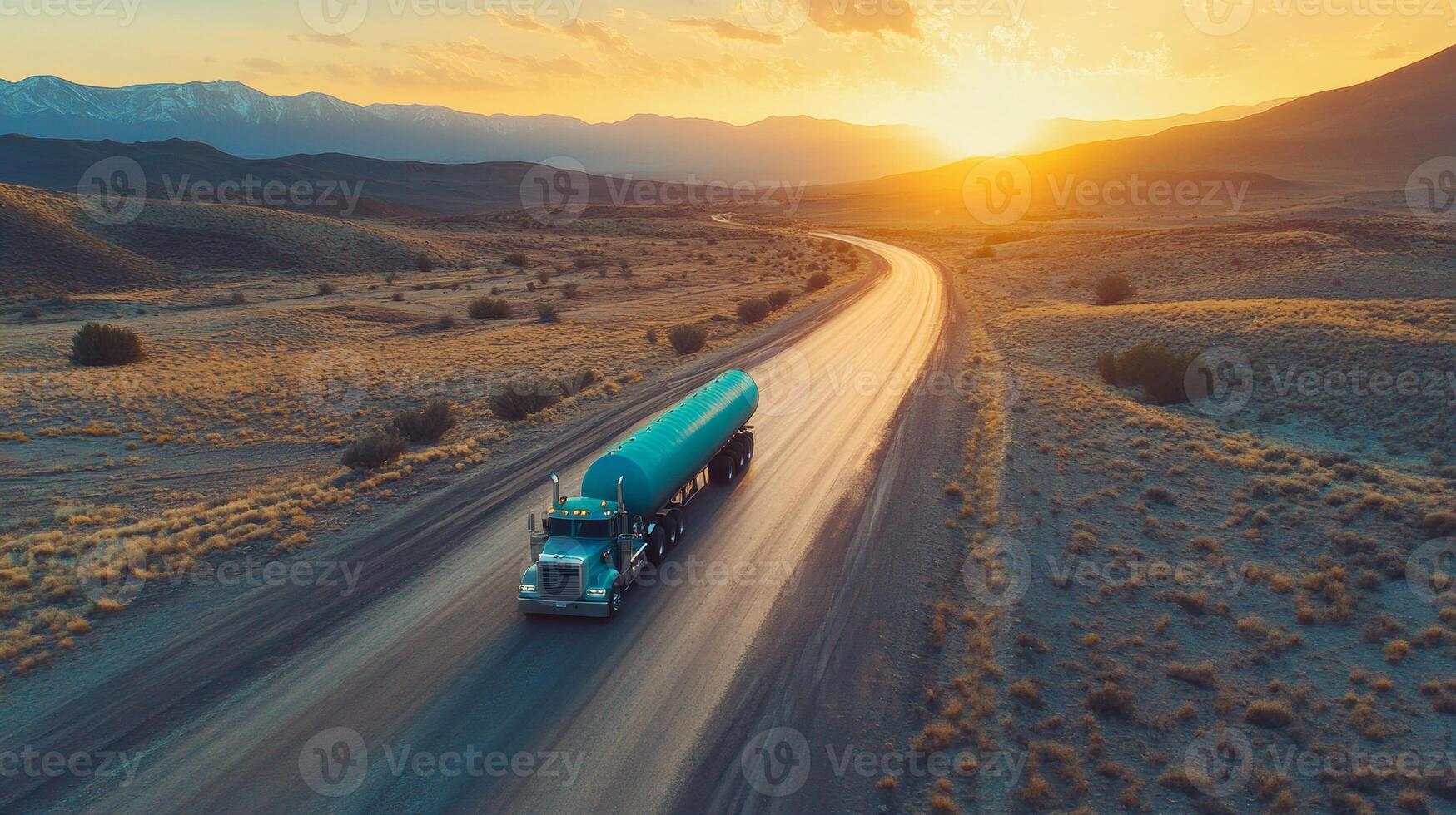 Long-haul truck travels along winding rural road at sunset with mountains in the distance photo