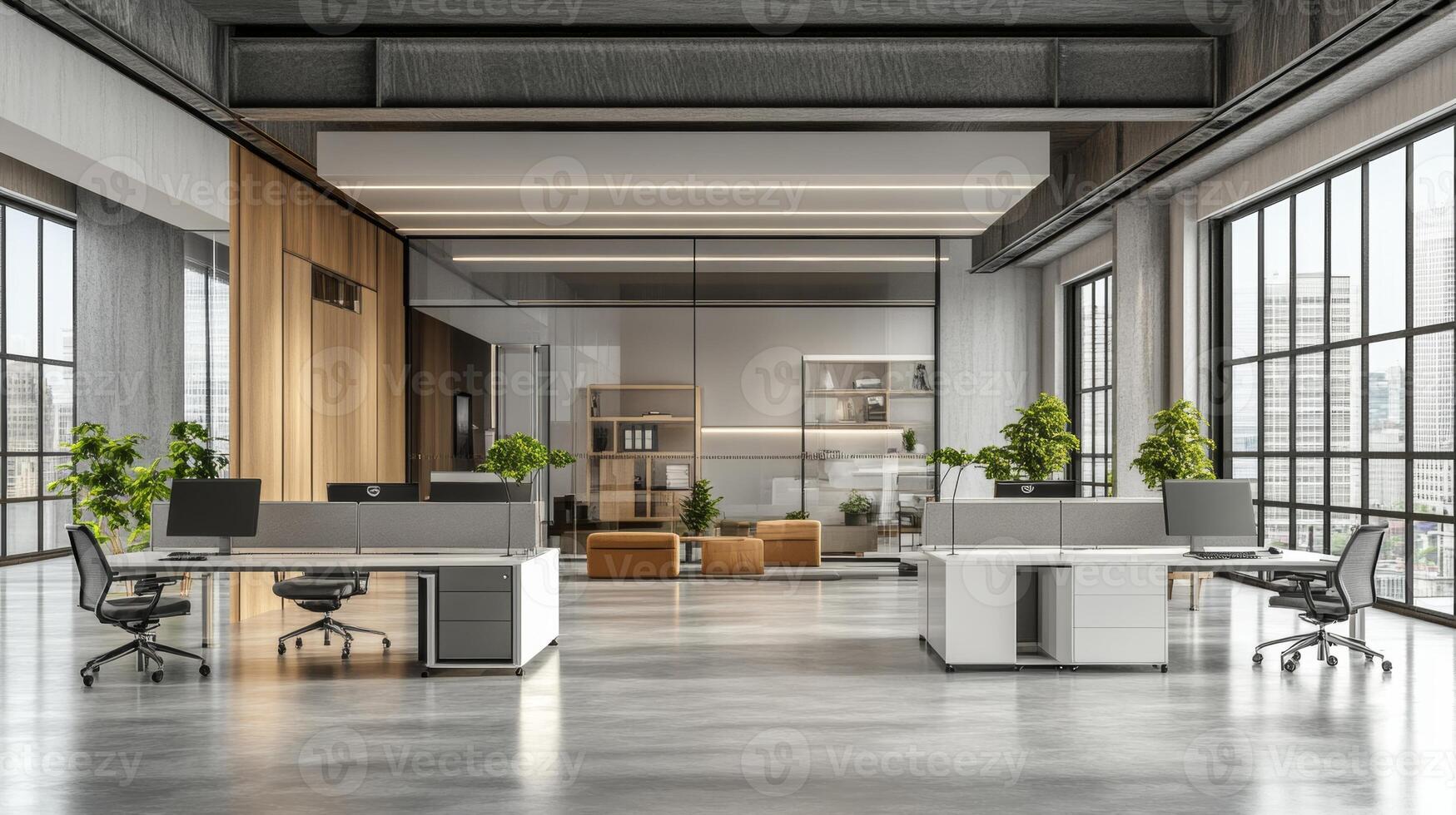 Modern office workspace with large windows and greenery in a downtown high-rise building during daylight hours photo