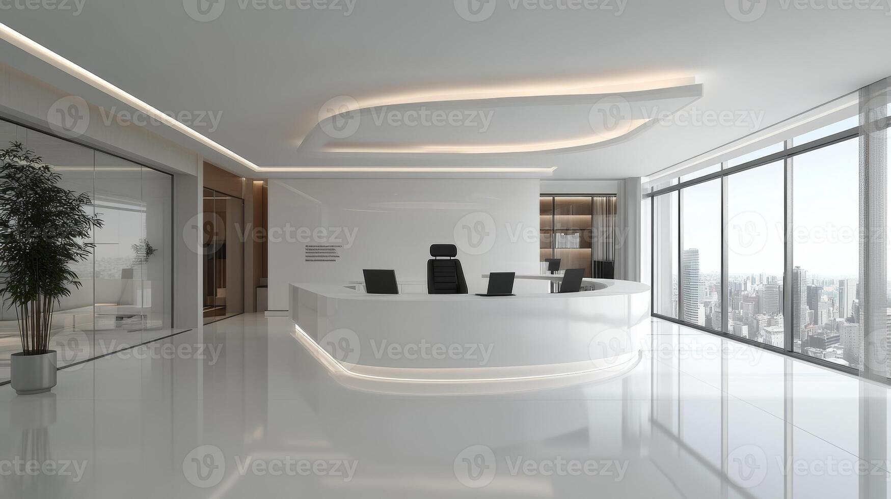 Modern office reception area with panoramic city views and sleek design features photo