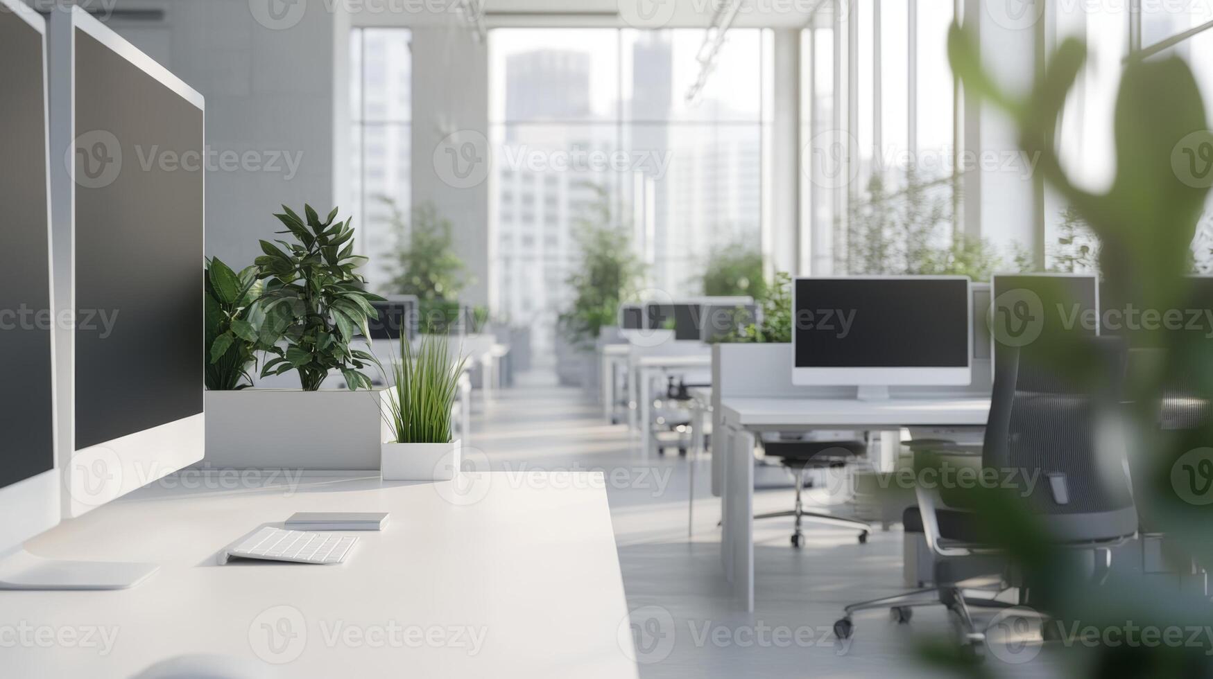 Modern office workspace with greenery and large windows promoting a productive environment photo