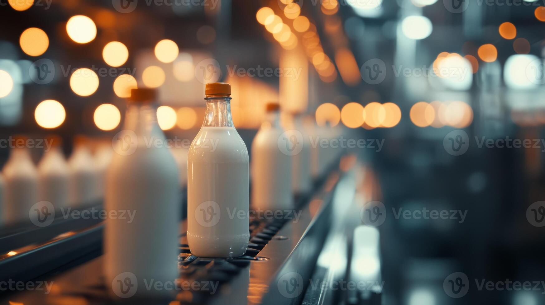 Milk bottles on a production line in a factory illuminated by warm lights during the early morning hours photo