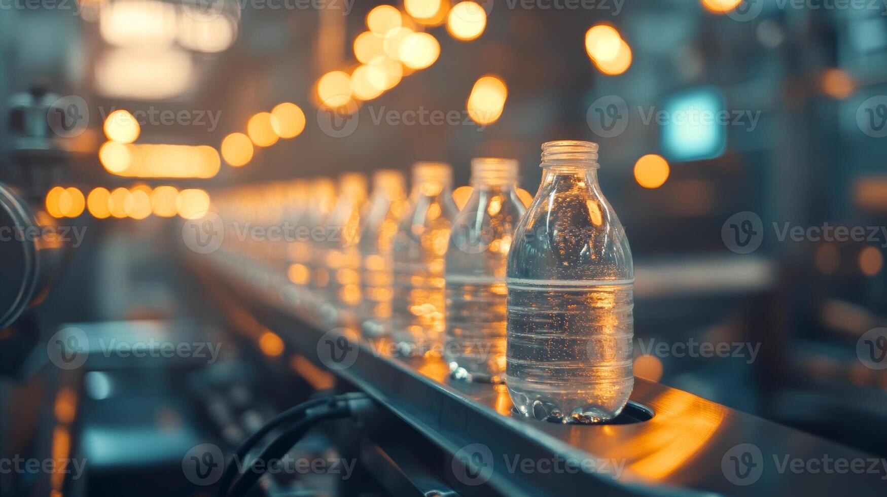 Bottled water production process in a modern factory with warm lighting and blurred background photo