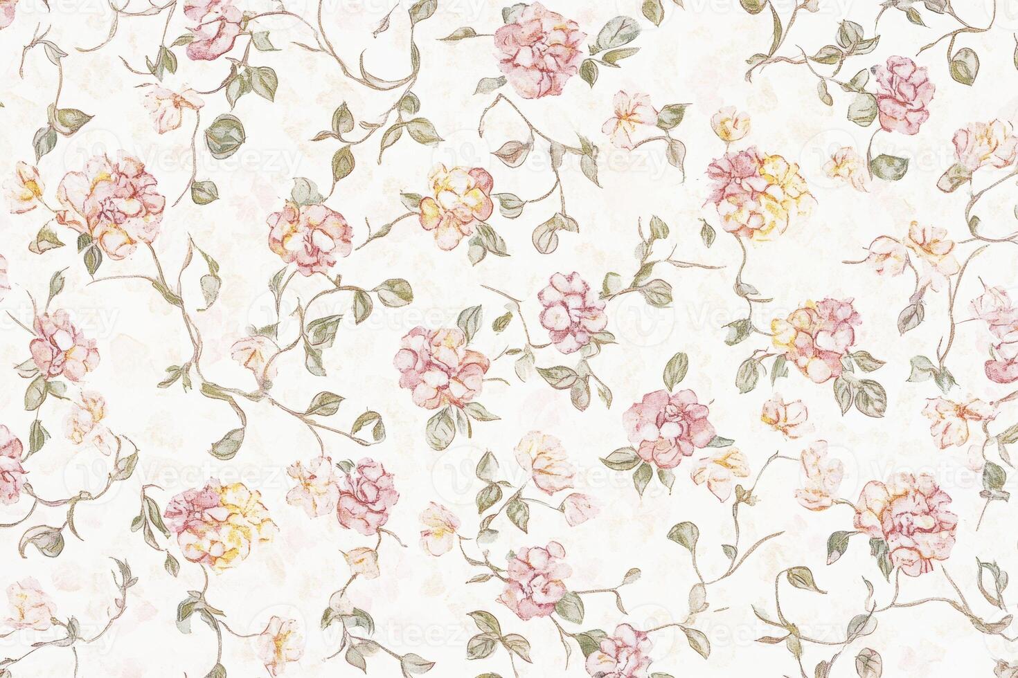 Delicate floral pattern with pink and yellow blossoms on a soft white background perfect for interior design projects photo