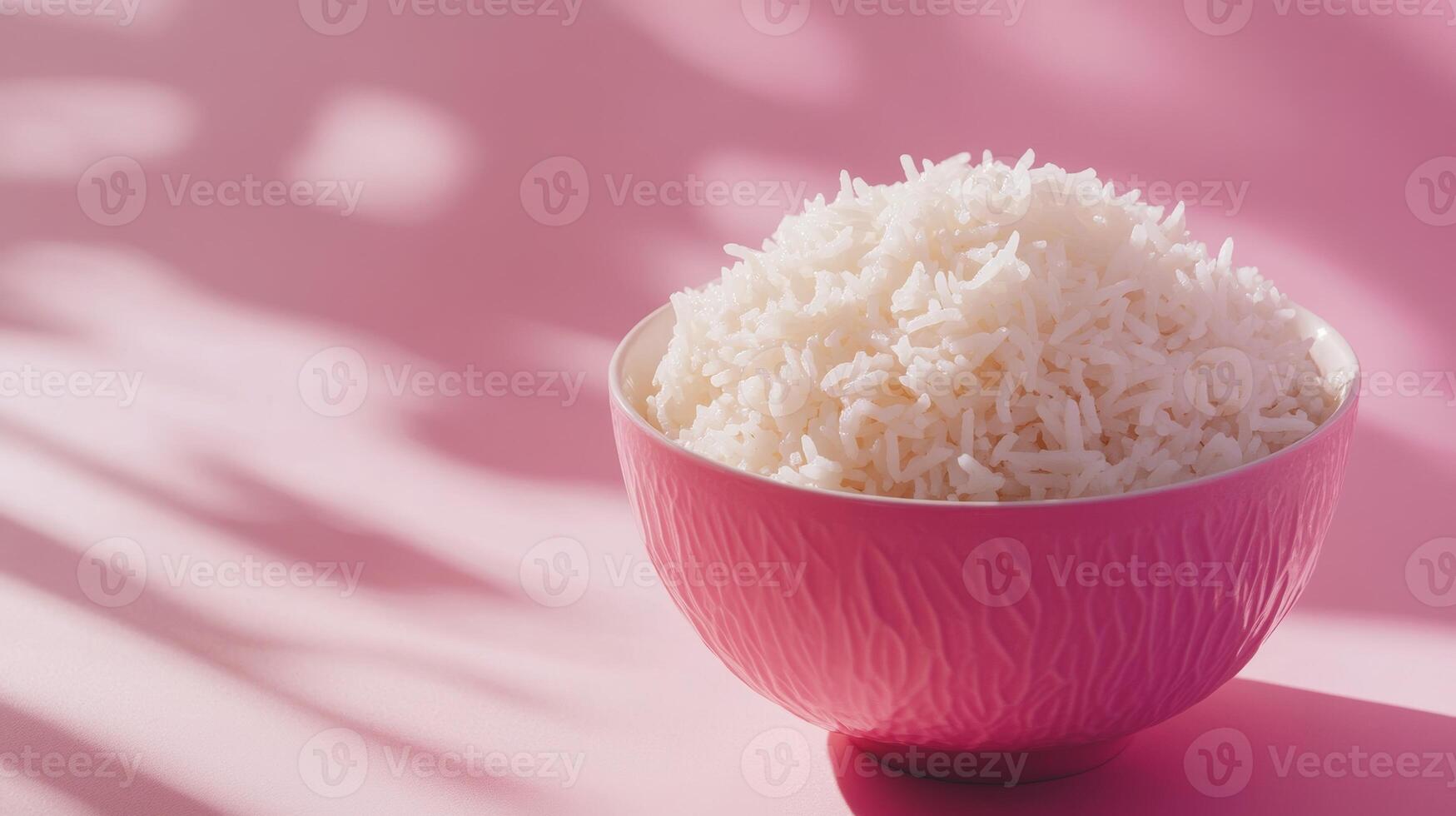 Textured pink bowl filled with fluffy white rice against a pastel background showcasing shadows and light play photo