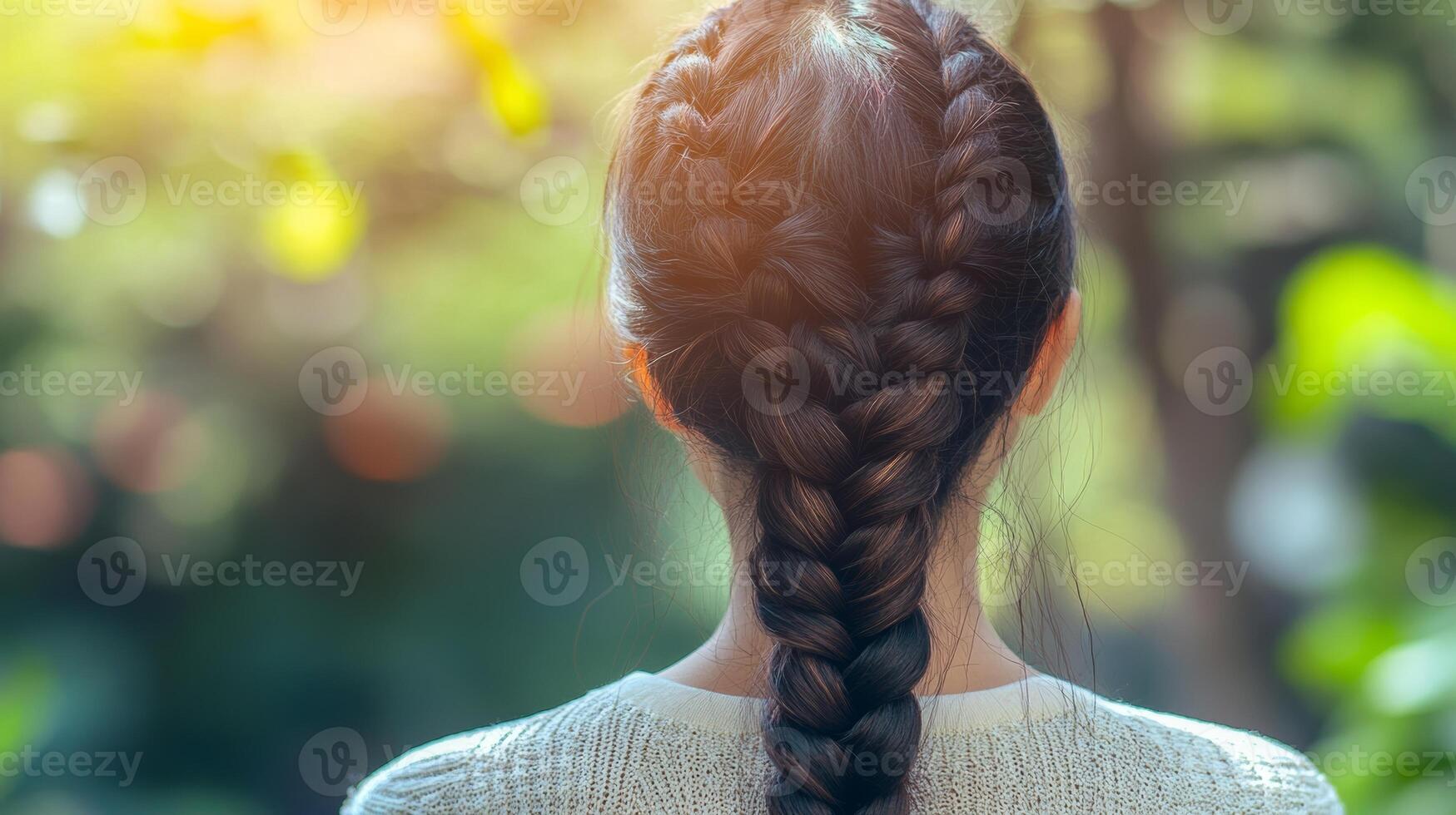 Woman with braid enjoying a sunny day in a lush garden with soft light filtering through the leaves photo