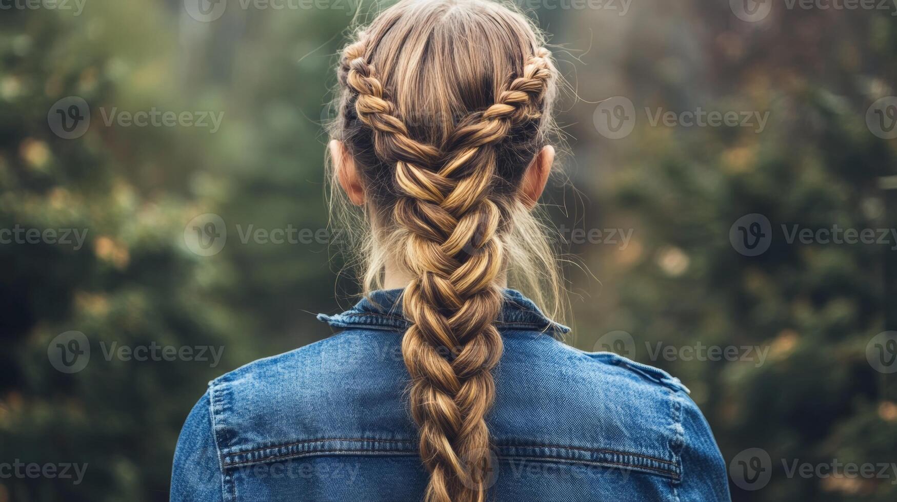 Beautiful braided hairstyle on a woman outdoors in nature during daytime with trees in the background photo