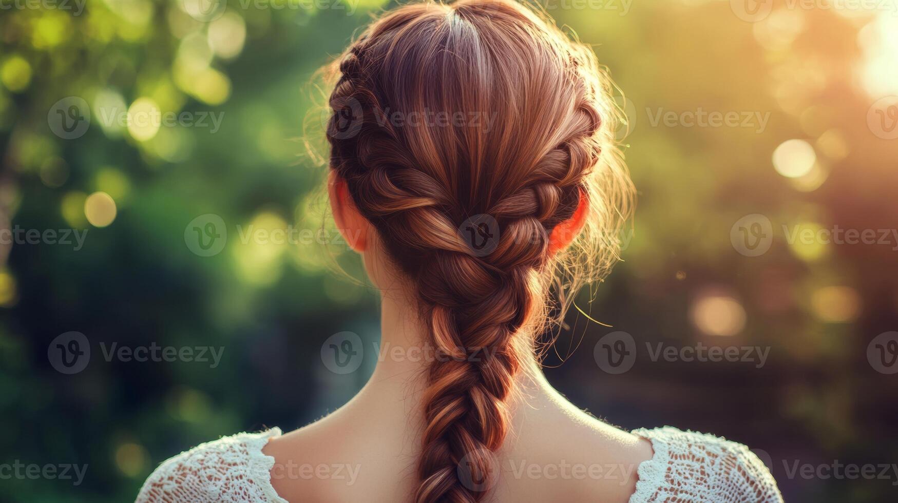 Young woman with braided hair enjoys a tranquil moment in a sunlit garden during the golden hour of late afternoon photo