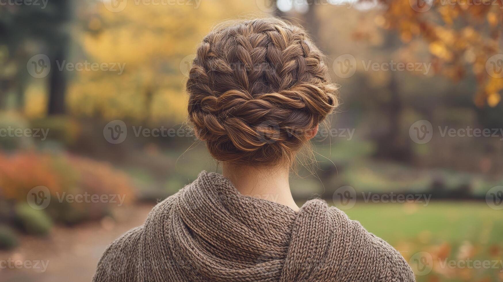Braided hairstyle seen from behind during an autumn stroll in a park with colorful foliage photo