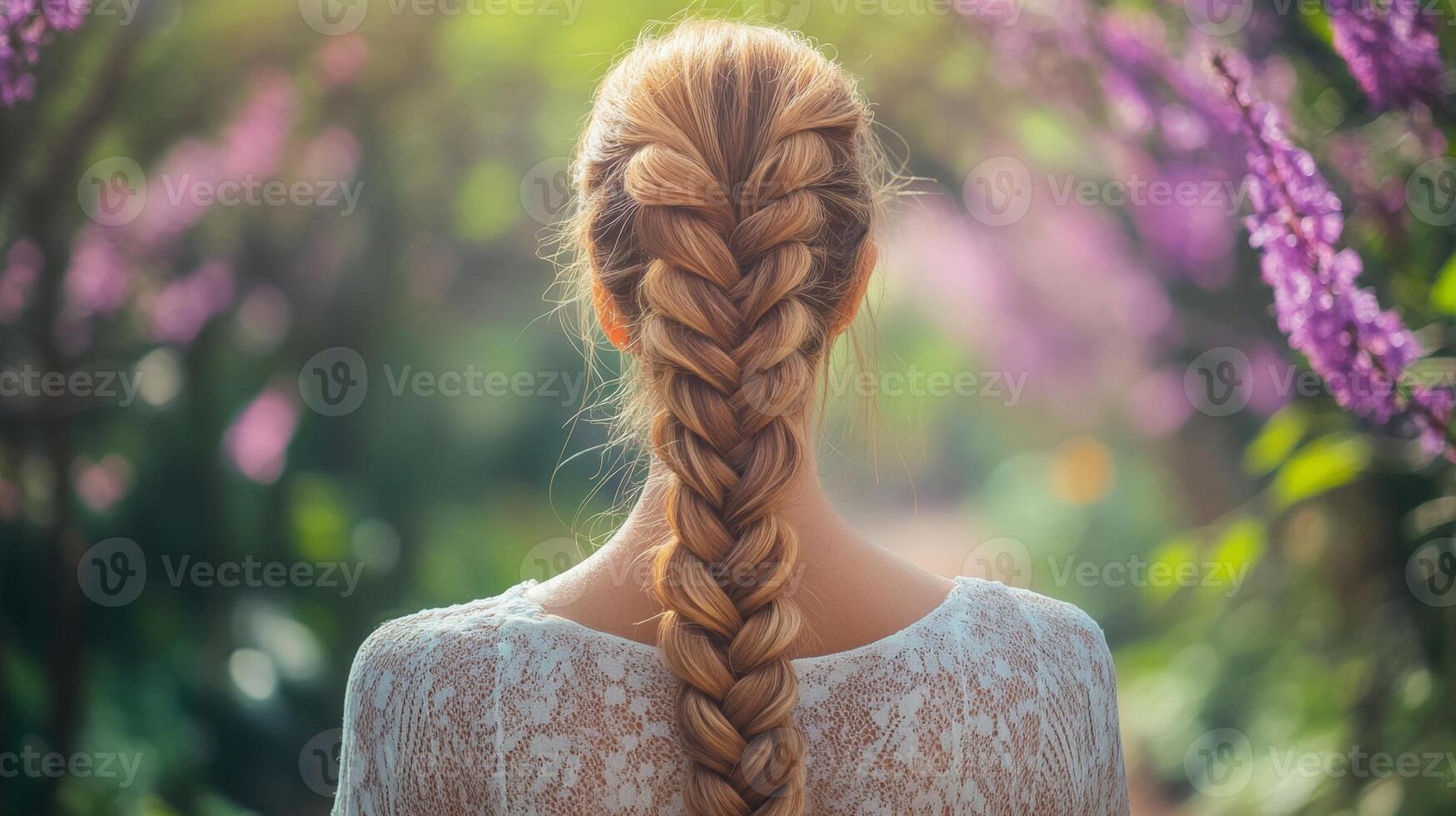Woman with long braided hair admiring purple flowers in a garden during daylight hours photo
